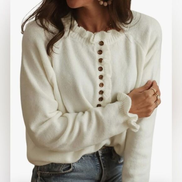 Irsutey Crew‎ Neck Sweater Ruffle Knit Sweater Button Down Pullover Cream Small - Picture 6 of 6
